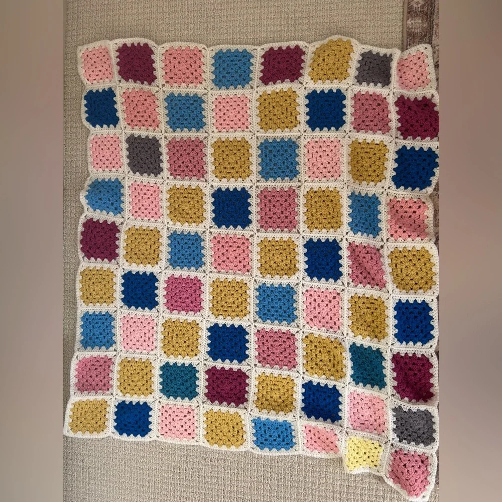 Handmade Crochet Afghan Throw Granny Square 36x36” Patchwork Baby Blanket